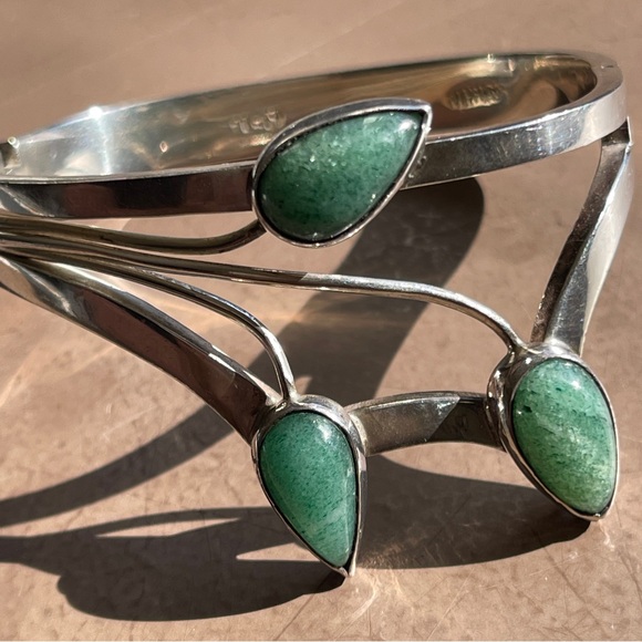 Vintage Heavy Taxco Aventurine Sterling Silver Hinged Cuff Floral Bracelet - Picture 9 of 9